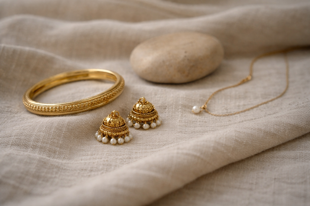 “Minimal handcrafted pearl and gold jewellery reflecting Indian tradition and modern simplicity”