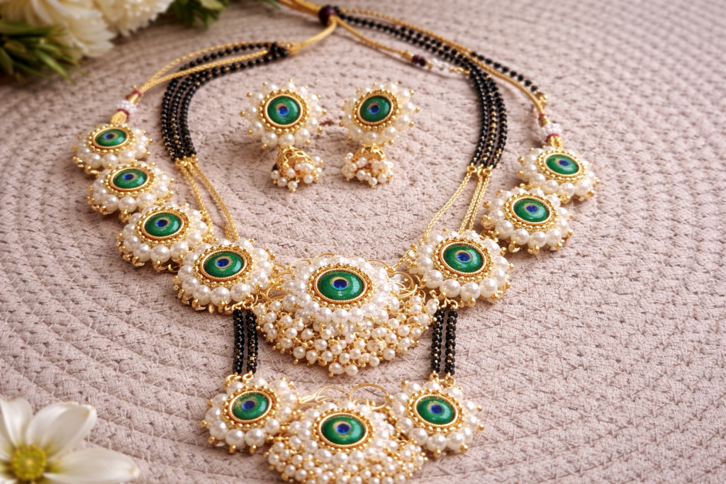 “Handcrafted pearl saaj necklace set with peacock-inspired green detailing and gold accents”