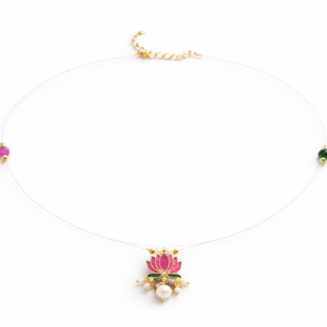 Invisible necklace with lotus pendant featuring pink enamel, pearl drop, and gold-tone detailing on a transparent thread.