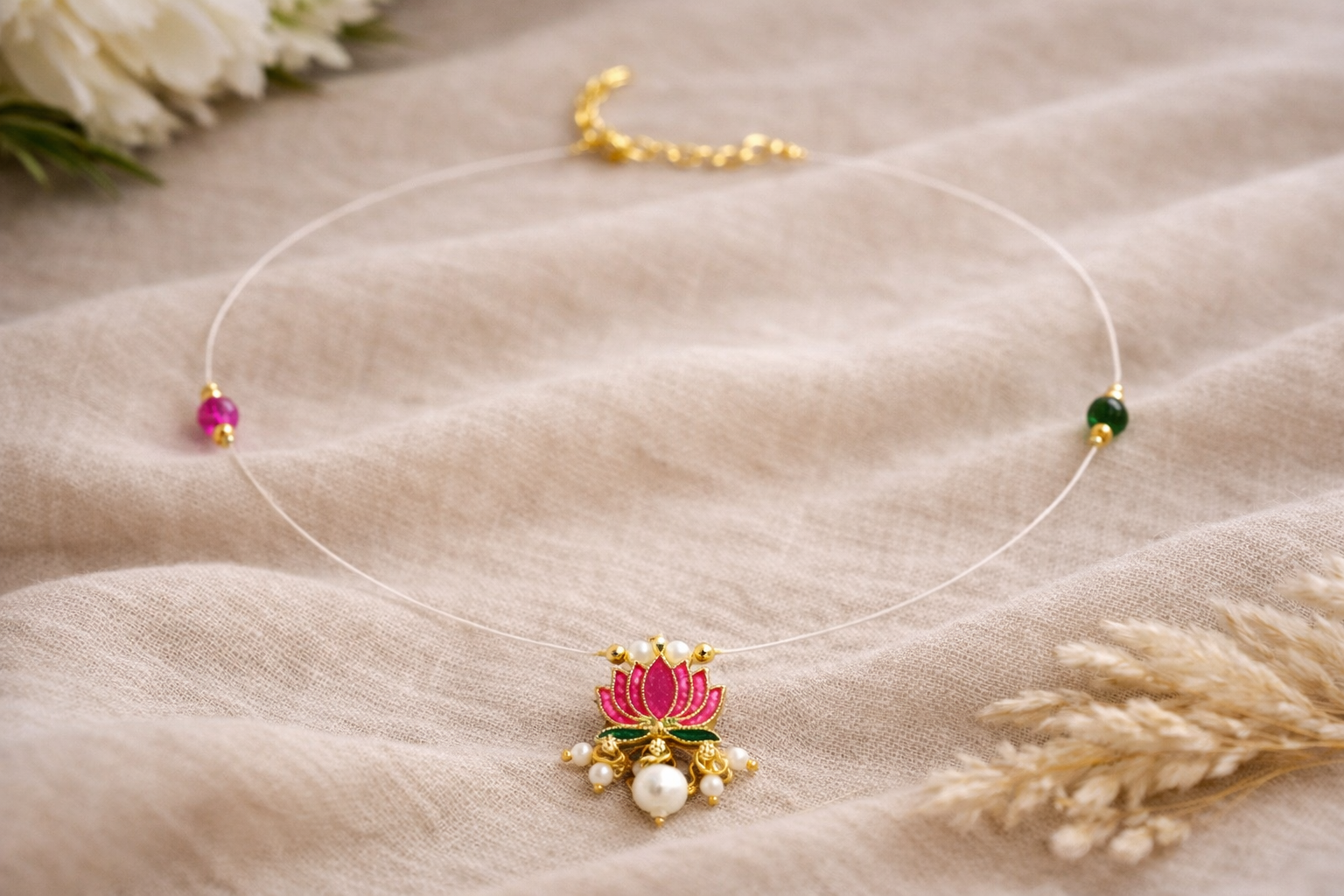 Invisible lotus pendant necklace with pink enamel detailing and pearl drop, styled on a soft beige fabric background.