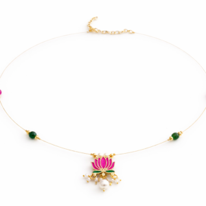 Invisible necklace with pink lotus pendant, green and pink beads, and pearl drops on a transparent wire.