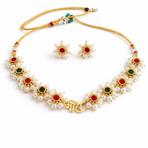 Aaho pearl floral necklace set with red and green stones, featuring gold-tone detailing and matching stud earrings on a white background.