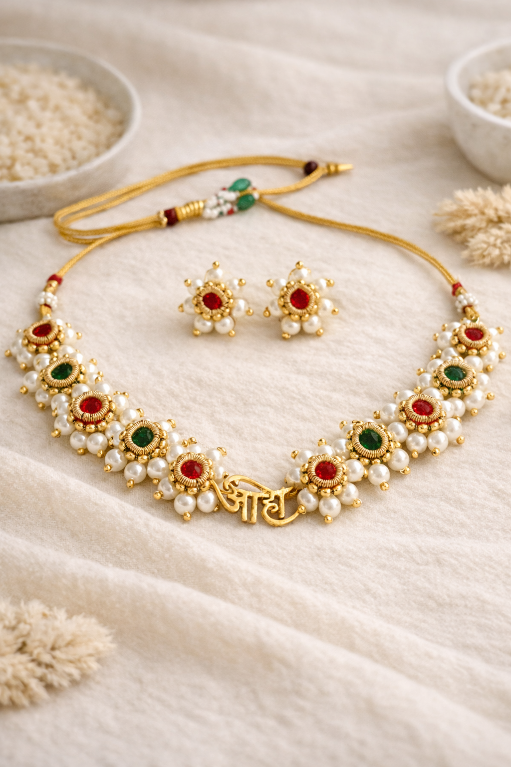 Aaho pearl floral necklace set with red and green stones and matching stud earrings, styled on a soft cream fabric background.