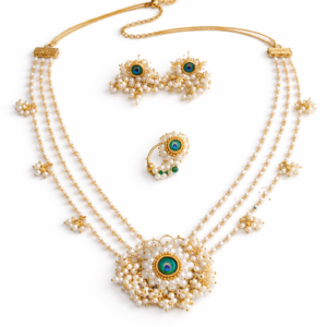Mor Pankh pearl necklace set with peacock feather motif pendant, matching earrings and Nath, handcrafted in gold-tone finish.