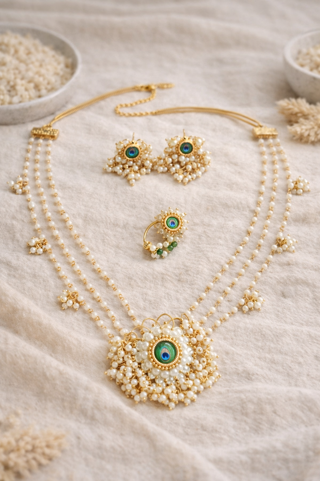 Mor Pankh pearl necklace set with peacock feather motif pendant, matching earrings and Nath arranged on a soft cream fabric background.