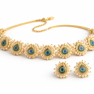 Mor Pankh pearl choker necklace with peacock feather motif and matching pearl stud earrings on white background
