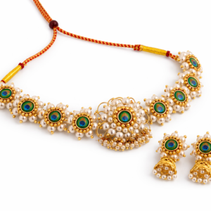 Mor Pankh pearl necklace small with peacock feather motif, white pearls and matching jhumka earrings on white background