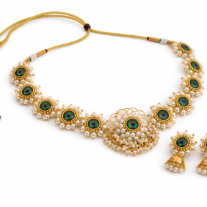 Mor Pankh Pearl Necklace medium size with peacock feather motif, white pearls, gold finish necklace and matching jhumka earrings on white background