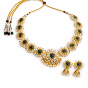 Mor Pankh pearl necklace big size with peacock feather motif, green stone centerpiece, and matching jhumka earrings on white background