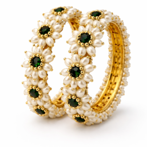 Parijatak green pearl floral bangles with gold finish on white background