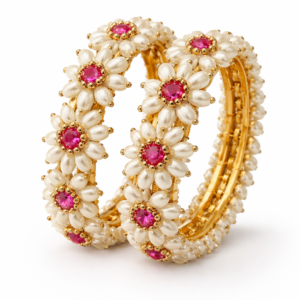 Parijatak pearl floral bangles with pink stone centers in gold finish