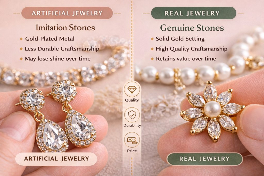 Artificial vs real jewelry close-up showing imitation stone earrings and genuine pearl gold jewelry craftsmanship difference