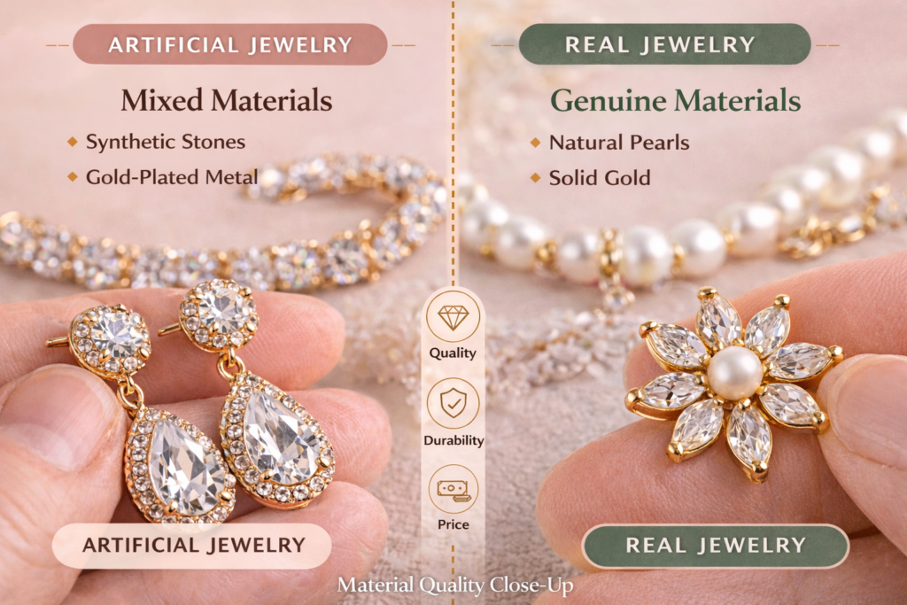 Artificial vs real jewelry material comparison showing synthetic stones and gold plated metal versus natural pearls and solid gold