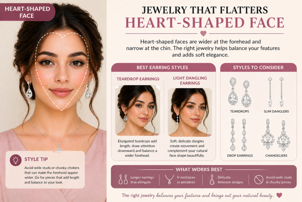 earrings for heart shaped face showing teardrop and dangling earrings that balance wider forehead and narrow chin