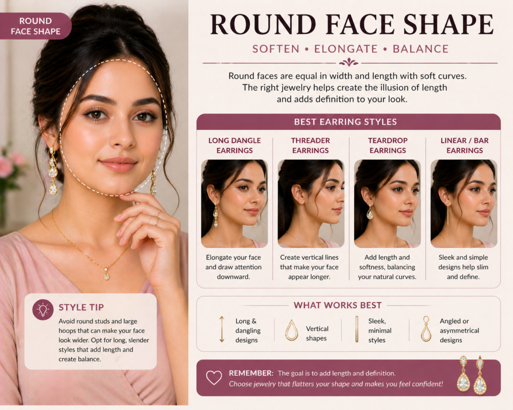 earrings for round face shape showing long dangle and vertical styles that elongate and slim the face