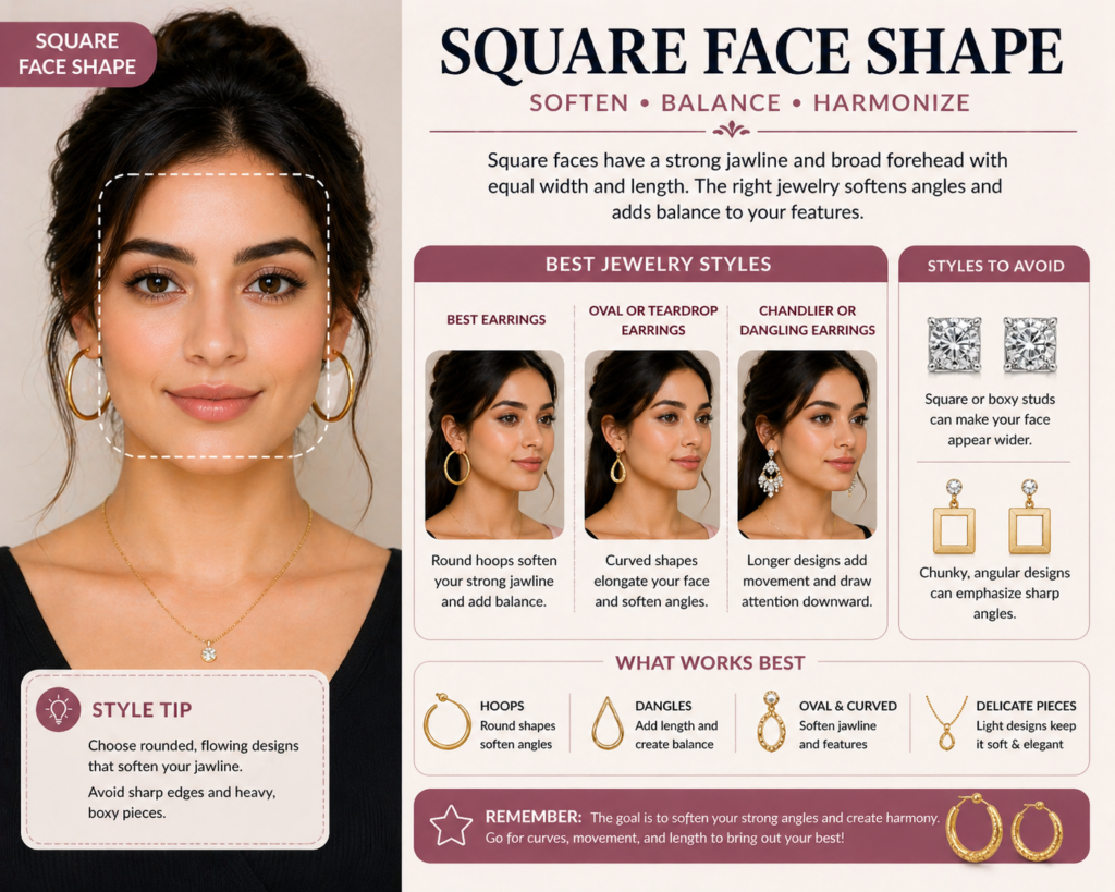 earrings for square face shape showing hoop and curved designs that soften strong jawline and angles