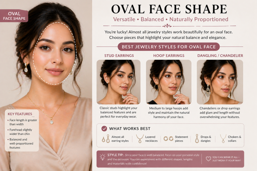 earrings for oval face shape showing stud hoop and chandelier styles suitable for balanced face shape