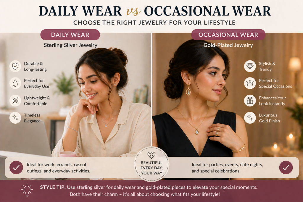 Gold-Plated vs Sterling Silver Jewelry: Which One Should You Choose? 4 daily wear sterling silver jewelry vs occasional gold plated jewelry showing lifestyle comparison and usage