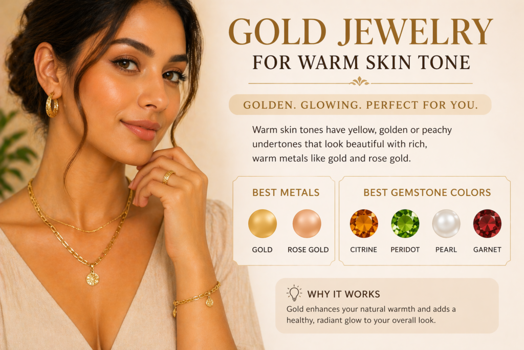 gold jewelry on warm skin tone showing how gold enhances natural glow and complements warm undertones