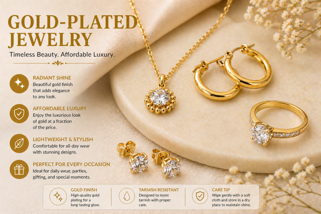 Gold-Plated vs Sterling Silver Jewelry: Which One Should You Choose? 2 gold plated jewelry close up showing necklace earrings and ring with shiny gold finish on soft background