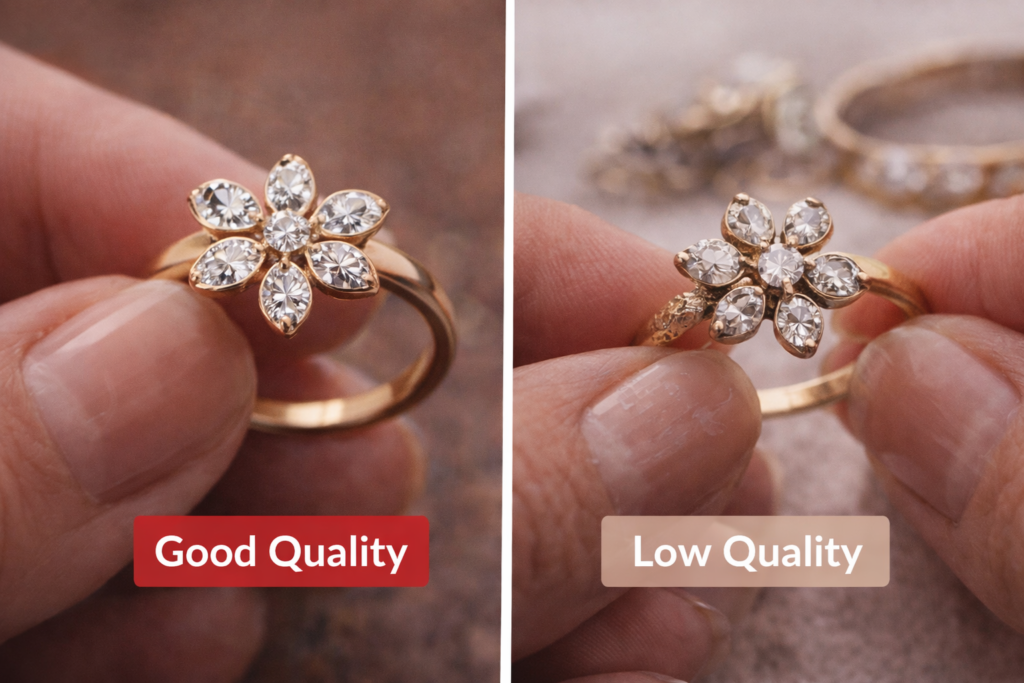 Comparison of good quality vs low quality jewelry showing smooth finishing and flawed craftsmanship differences