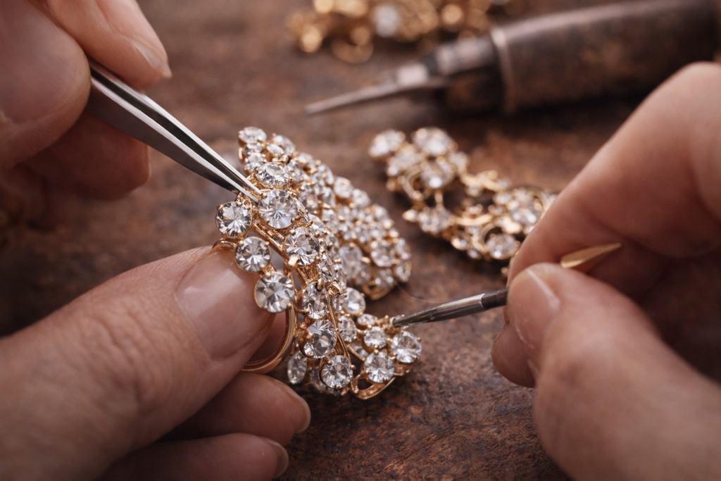 Jeweler crafting gold earring with gemstone showing detailed jewelry craftsmanship and precision work
