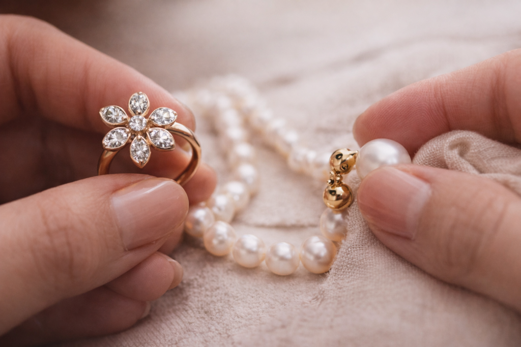 Close-up of high quality jewelry showing pearl necklace and gold floral ring craftsmanship details