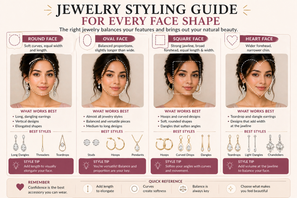 jewelry for different face shapes showing round oval square and heart face with best earring styles comparison