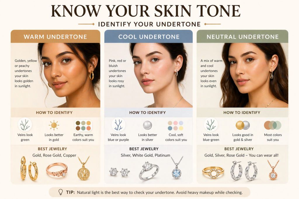 jewelry for skin tone guide showing warm cool and neutral undertones with best metal and color choices