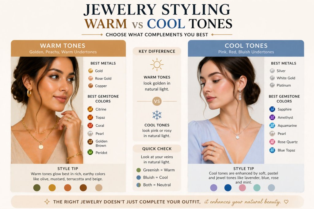 jewelry styling comparison showing warm skin tone with gold jewelry and cool skin tone with silver jewelry