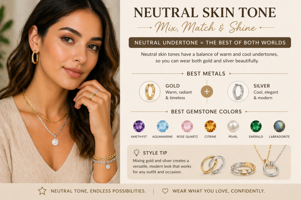 mixed gold and silver jewelry on neutral skin tone showing how both metals complement neutral undertones