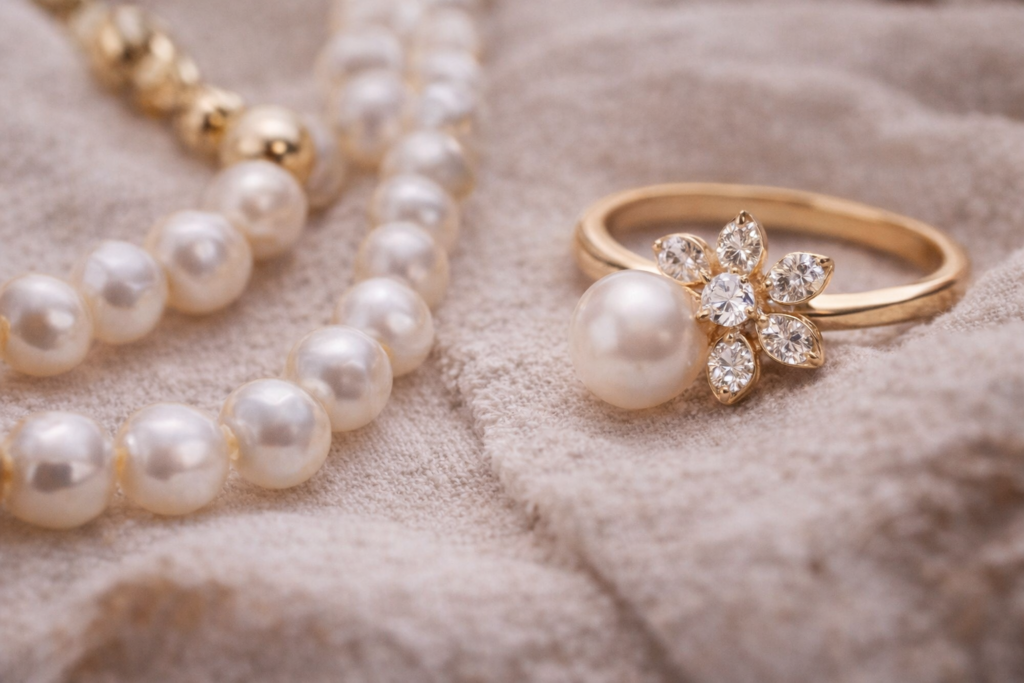 Pearl necklace and gold floral ring close-up showing material quality and smooth finishing in jewelry
