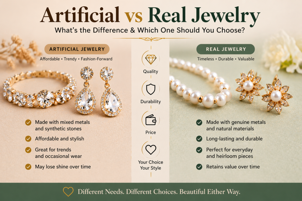 Artificial vs real jewelry infographic comparing imitation jewelry and real gold and pearl jewelry differences