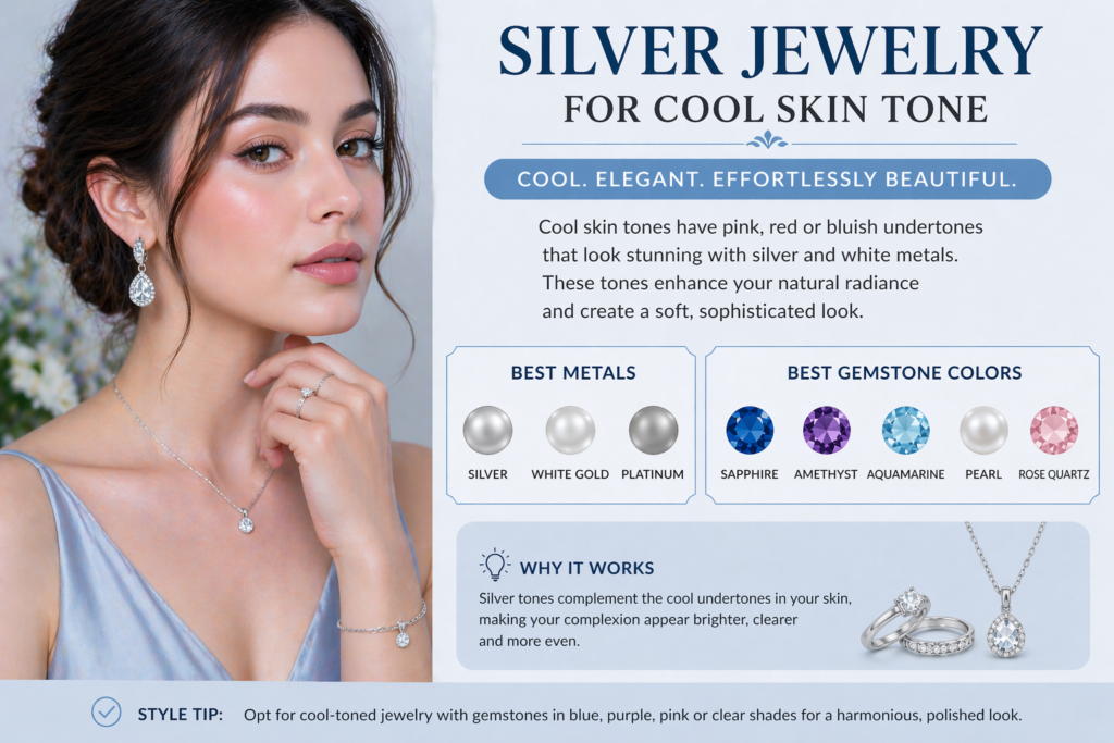 silver jewelry on cool skin tone showing how silver enhances pink and bluish undertones