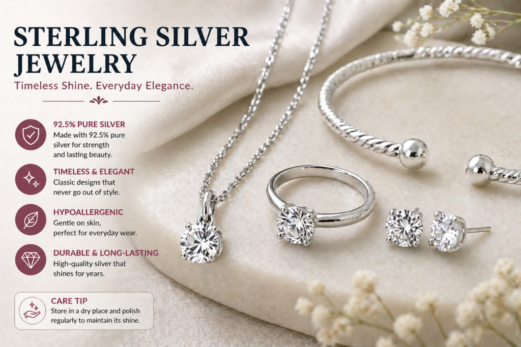 Gold-Plated vs Sterling Silver Jewelry: Which One Should You Choose? 3 sterling silver jewelry close up showing 925 silver shine necklace ring and earrings on neutral background