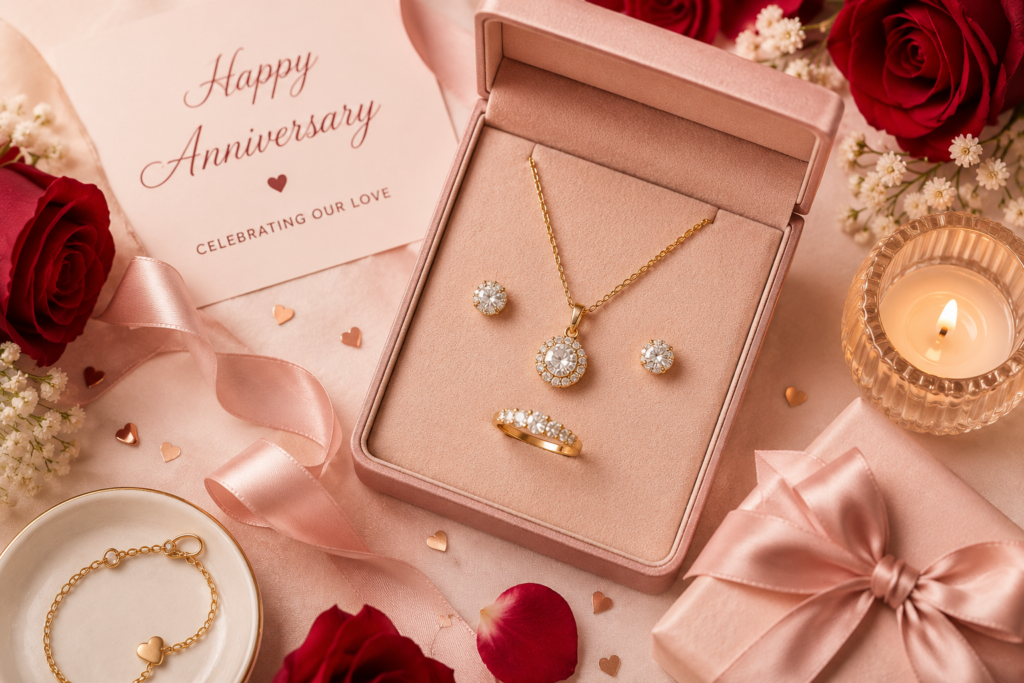 anniversary jewelry flat lay with romantic styling featuring elegant necklace rings roses and luxury gift packaging