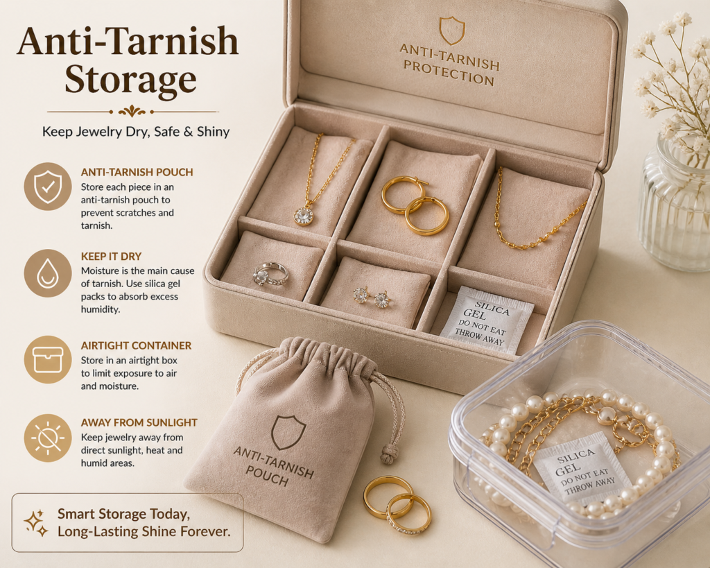 jewelry stored in anti tarnish pouch and dry storage setup to prevent moisture damage and tarnishing