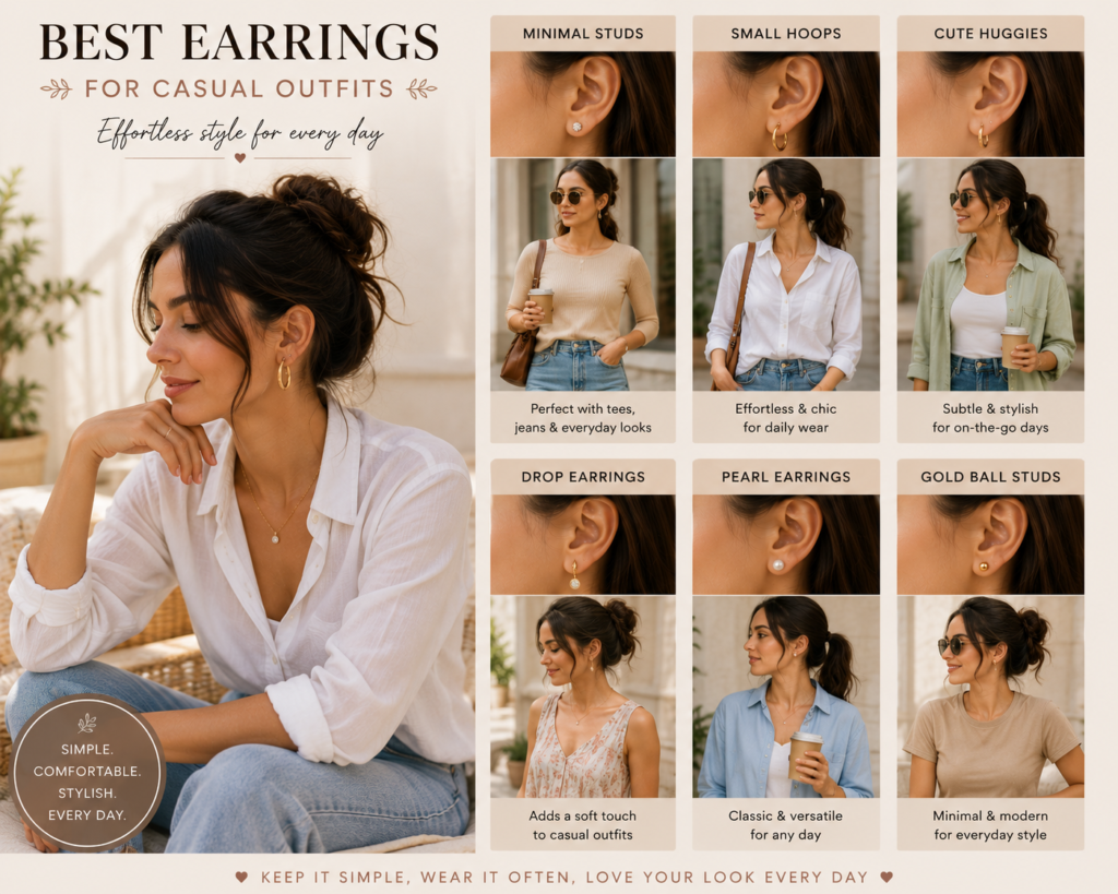 How to Choose the Perfect Earrings for Every Outfit 3 casual everyday earrings styling featuring minimal hoops and stud earrings with relaxed neutral fashion outfit for women