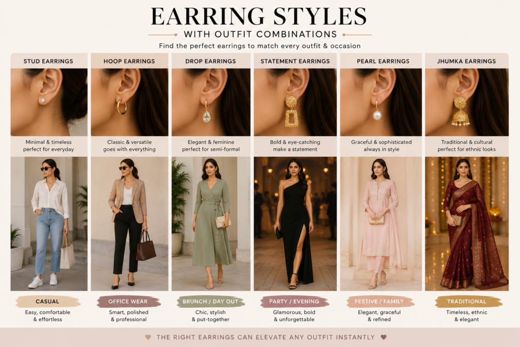 How to Choose the Perfect Earrings for Every Outfit 2 different earring styles paired with casual office party and traditional outfits for stylish women fashion looks