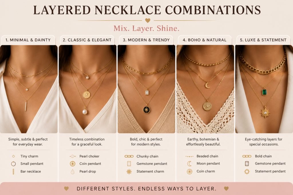 different layered necklace combinations showing minimal pearl trendy boho and statement necklace layering styles for women