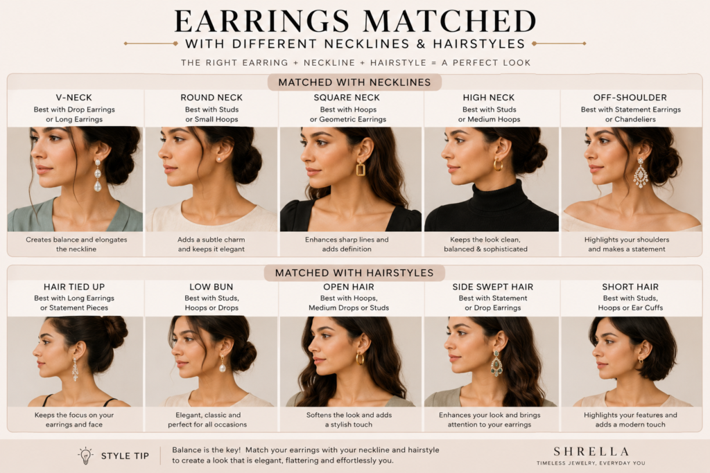 How to Choose the Perfect Earrings for Every Outfit 6 earrings matched with different necklines and hairstyles showing hoops studs drop earrings and statement styles for women
