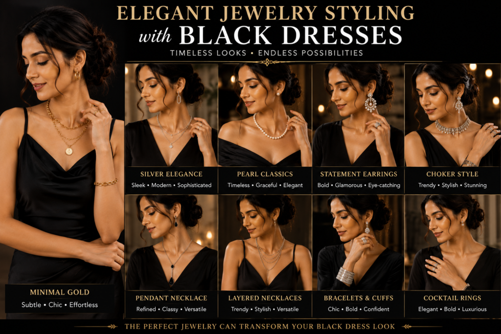 elegant black dress jewelry styling collage featuring gold silver pearl and statement jewelry for modern women fashion looks