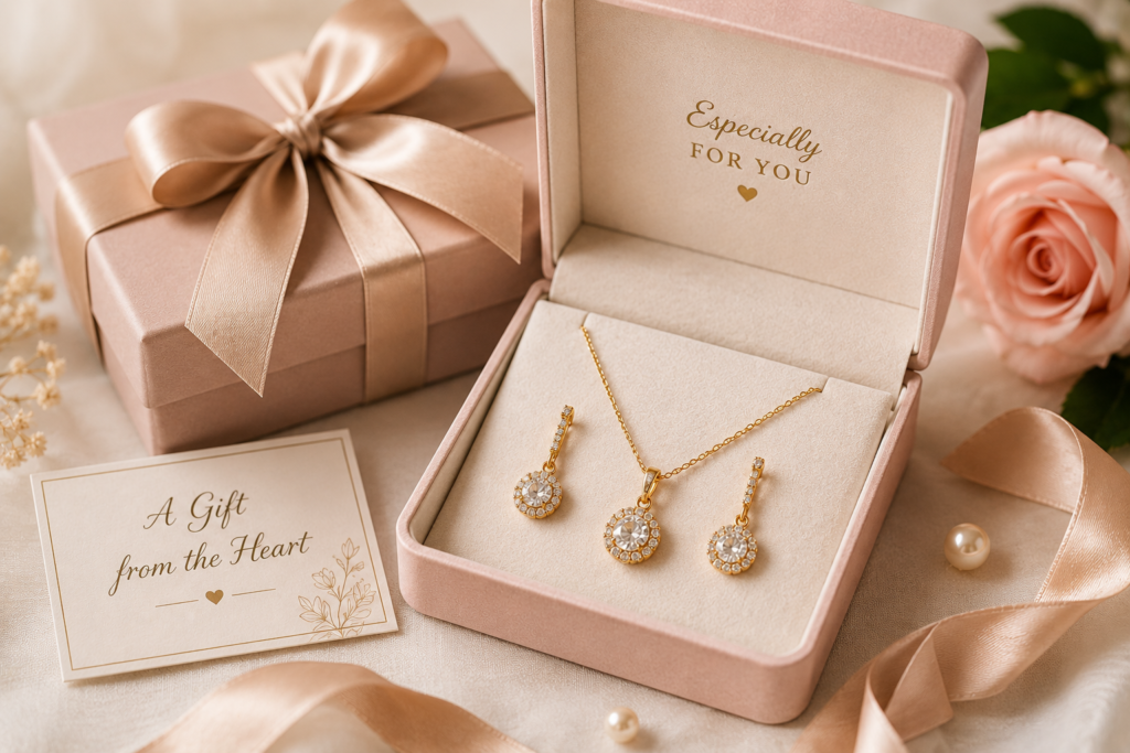 elegant jewelry gift box with necklace and earrings for women featuring luxury ribbon packaging and romantic styling