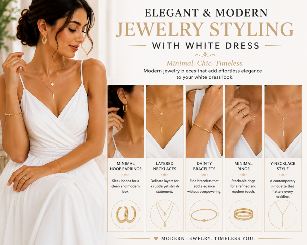 elegant modern jewelry styling with white dress featuring minimalist necklaces pearl earrings delicate bracelets and contemporary fashion accessories for women