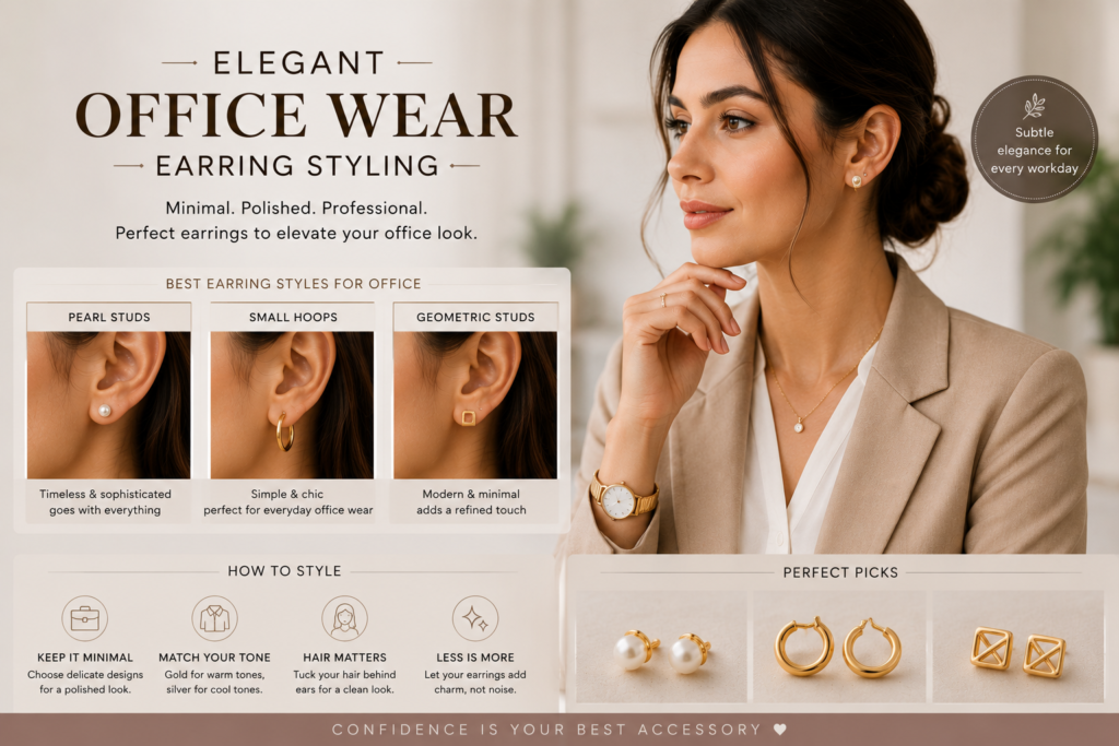 How to Choose the Perfect Earrings for Every Outfit 4 elegant office wear earrings styling with minimal gold hoops pearl studs and professional fashion look for women