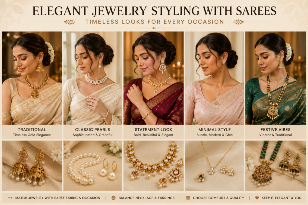 Best Jewelry for Sarees: Simple Styling Guide for Every Occasion 2 elegant saree jewelry styling collage featuring gold necklaces pearl jewelry jhumkas and traditional saree fashion for women