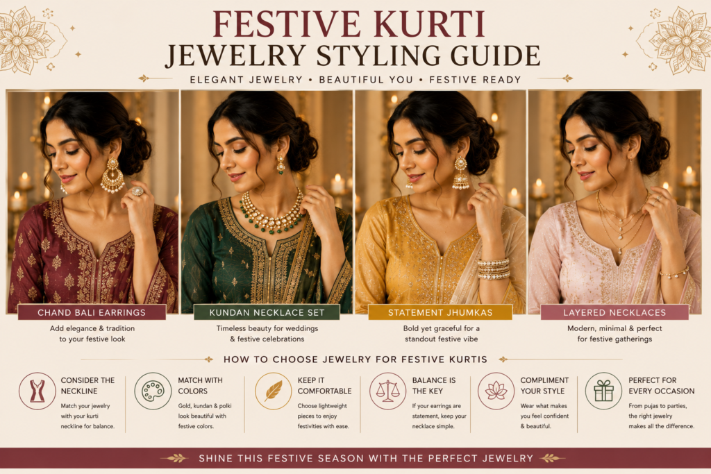 festive kurti jewelry styling guide featuring chandbalis layered necklaces jhumkas and elegant ethnic fashion looks for women