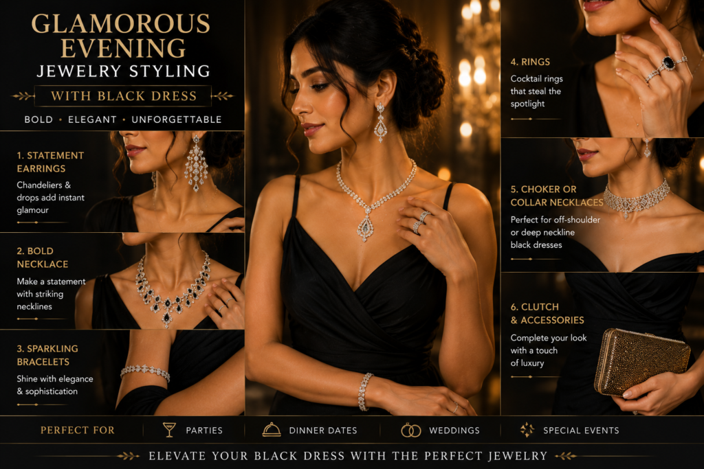 glamorous evening jewelry styling with black dress featuring statement earrings luxury necklaces sparkling bracelets and elegant party fashion for women