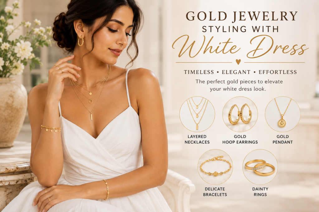 gold jewelry styling with white dress featuring layered gold necklaces hoop earrings delicate bracelets and elegant fashion accessories for women