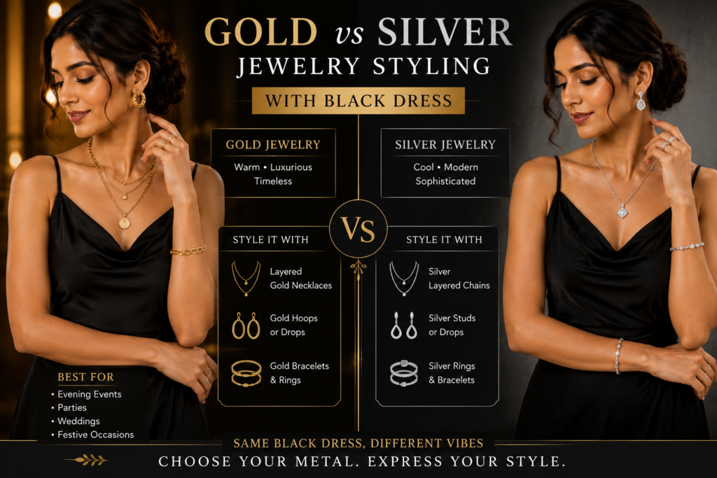 gold vs silver jewelry styling with black dress featuring elegant layered necklaces earrings rings and modern evening fashion for women